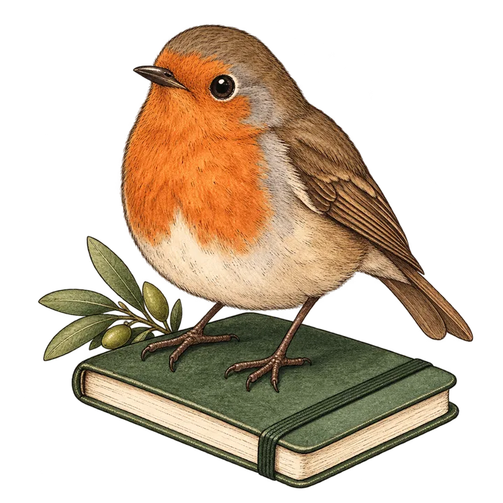 A robin perched on a green notebook